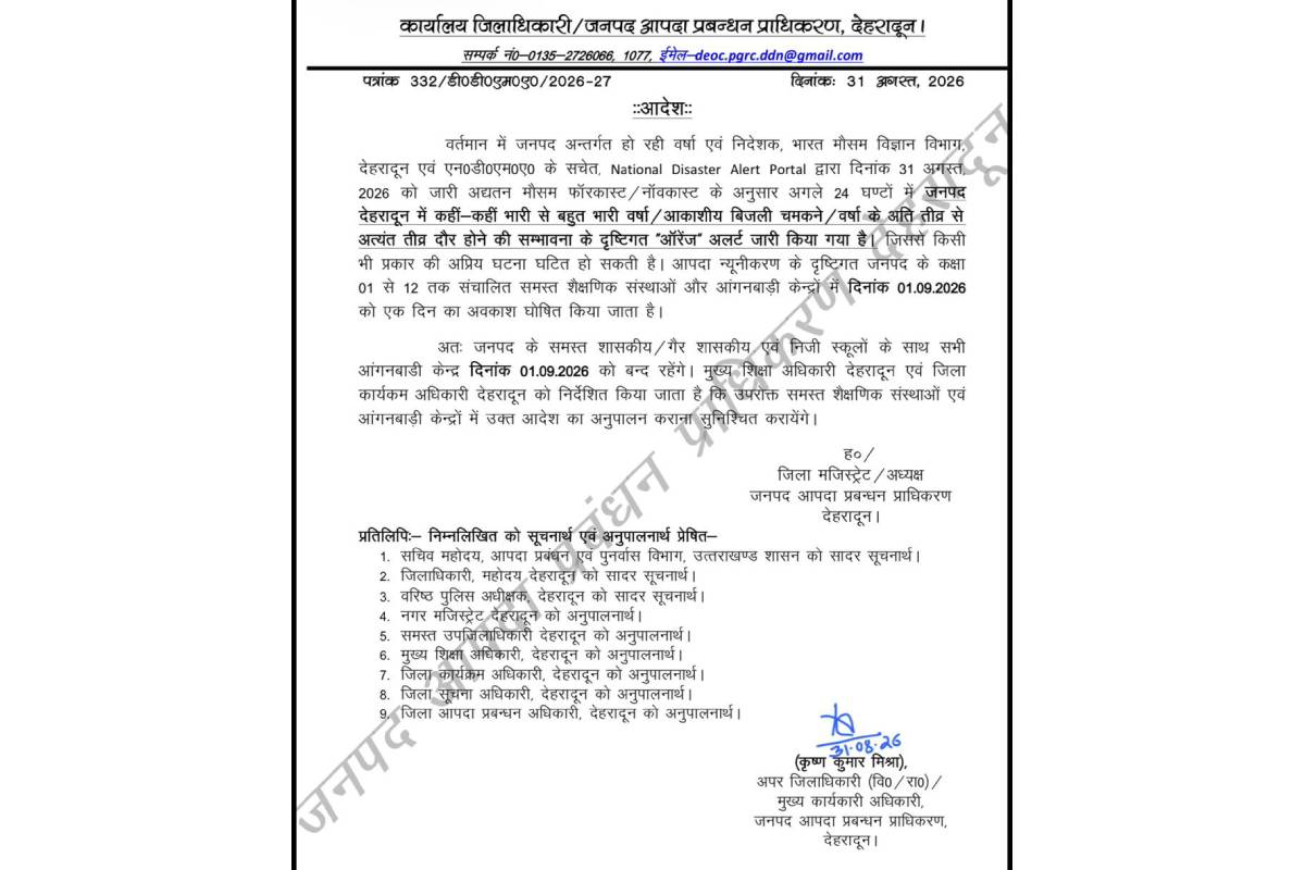 Heavy rain alert: Schools to remain closed in Dehradun district on September 1