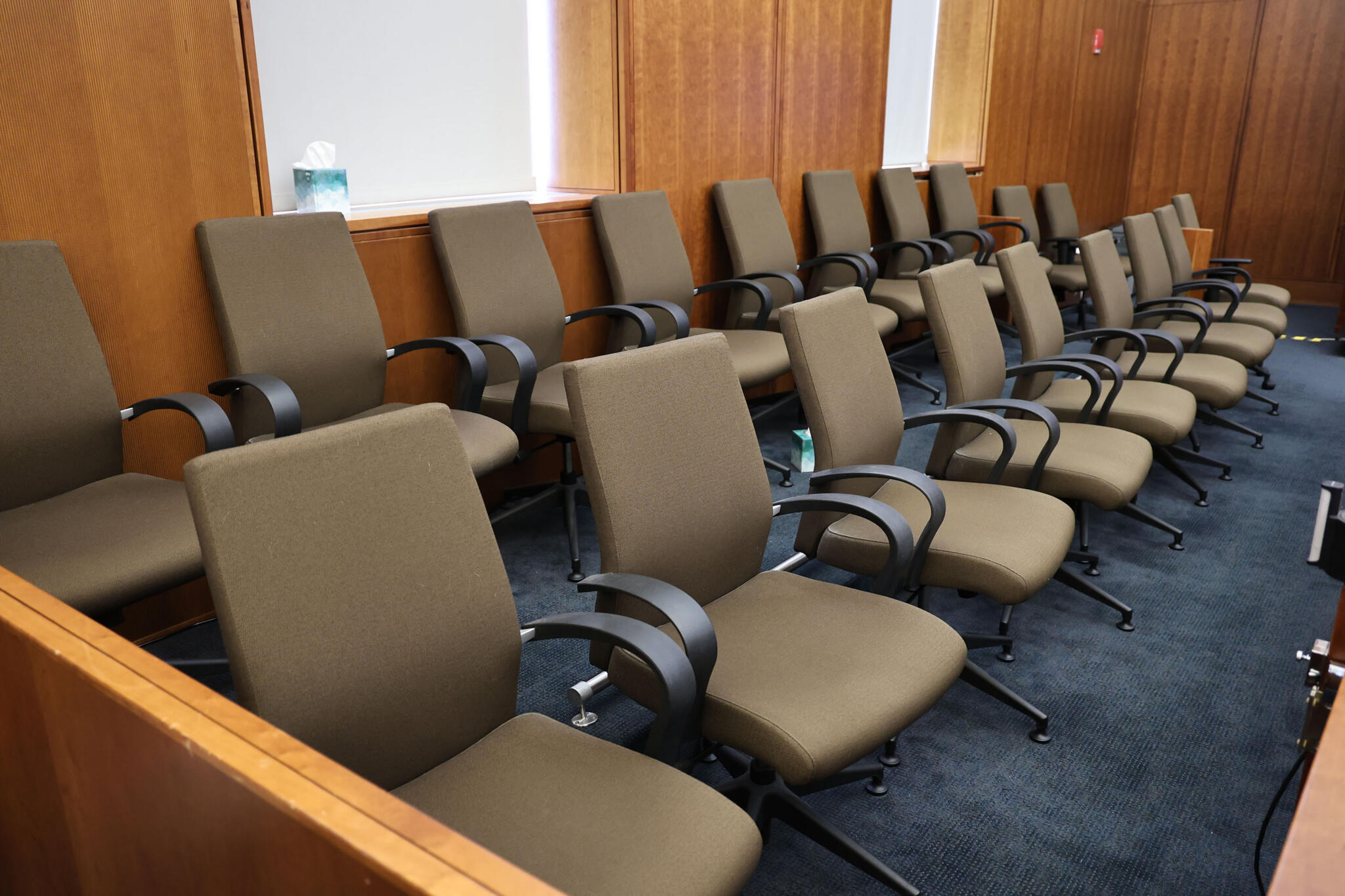The empty Plymouth Superior Court jury box during the Lindsay Clancy murder trial. (Greg Derr/The Patriot Ledger via AP, pool file)