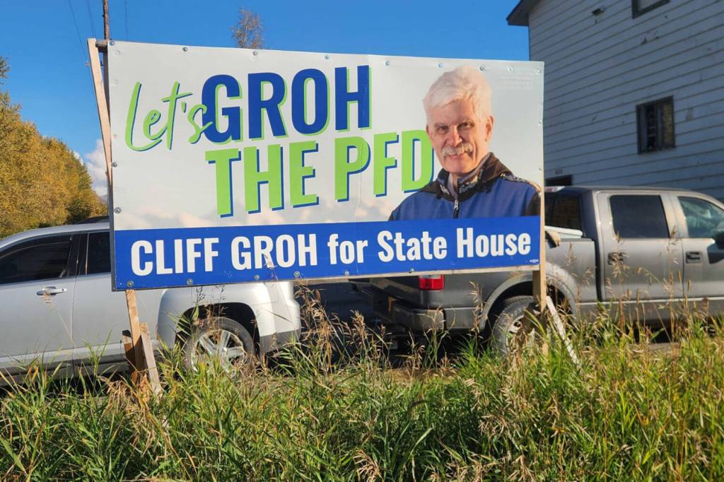 A campaign sign for Cliff Groh, candidate for Alaska House District 18 is seen in the Muldoon neighborhood of northeast Anchorage on Sep. 23, 2026. (Photo by Yereth Rosen/Alaska Beacon)