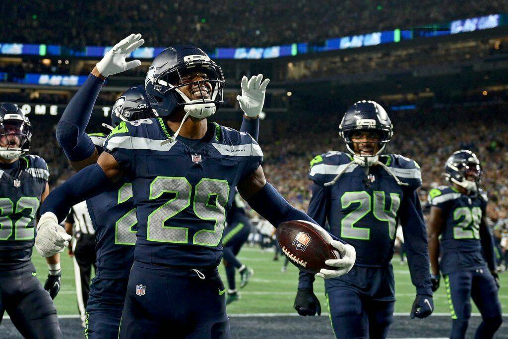 Seahawks cornerback Josh Jobe (29) celebrates his interception against the New England Patriots on Wednesday, Sept. 9, 2026 at Lumen Field in Seattle, Washington. (Getty Images / The Athletic)