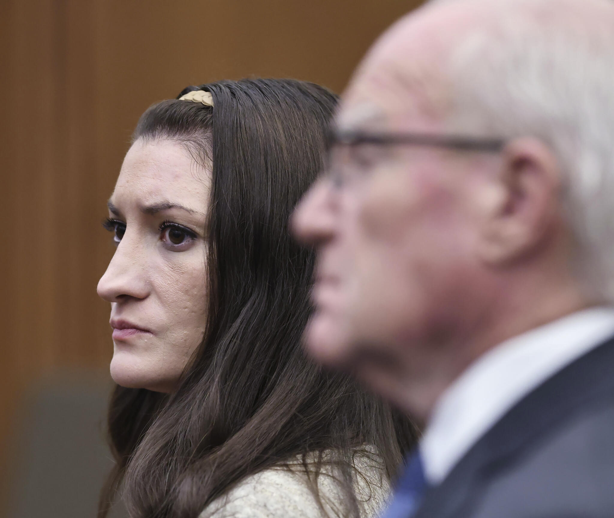 Lindsay Clancy looks at the jurors seated in the courtroom during her murder trial at Plymouth Superior Court in Plymouth, Mass., on Sept. 1. (Greg Derr/The Patriot Ledger via AP, Pool)