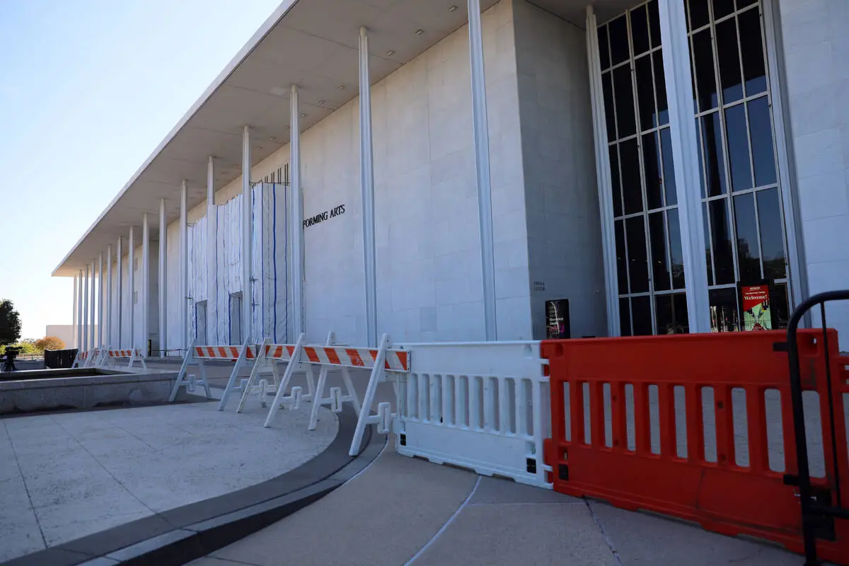 Barricades are installed in front of the John F. Kennedy Center for the Performing Arts, Wednes ...