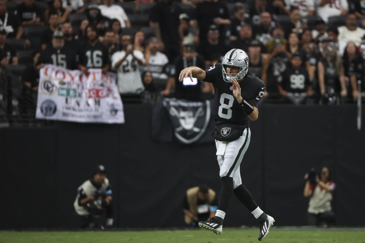 Raiders quarterback Kirk Cousins (8) throws a pass during the first half of a preseason NFL gam ...