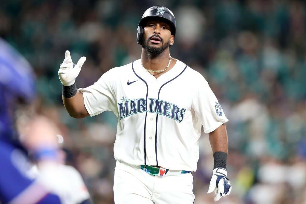 Lazaro Montes #99 of the Seattle Mariners celebrates his three-run home run against the Texas Rangers during the fourth inning at T-Mobile Park on September 08, 2026 in Seattle, Washington. (Steph Chambers / Getty Images / The Athletic)