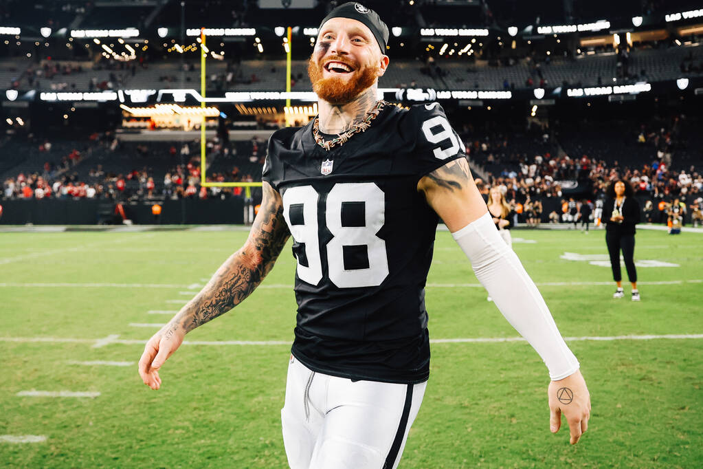 Raiders defensive end Maxx Crosby (98) smiles following a preseason NFL football game against t ...