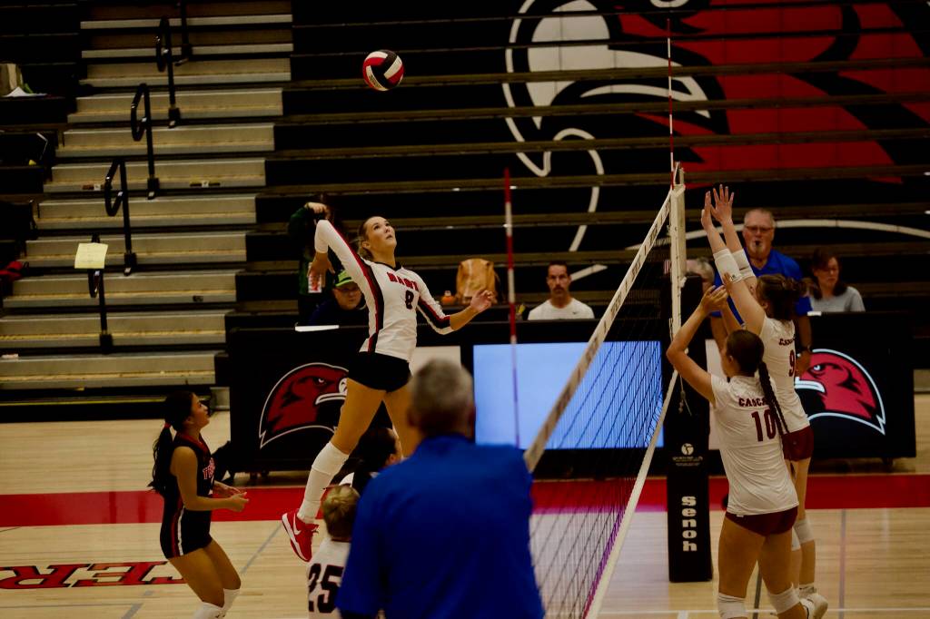 Mountlake Terrace sophomore Jillian Brown elevates to send the ball over during the Hawks’ 3-0 win against Cascade at Mountlake Terrace High School on Sept. 21, 2026. (Joe Pohoryles / The Herald)