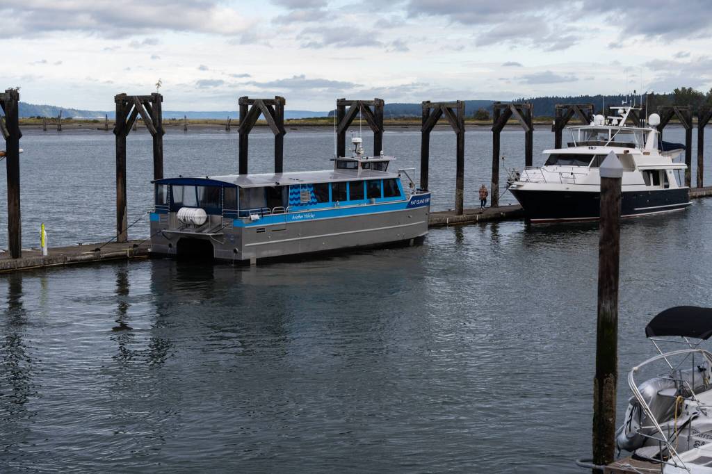 The Hat Island Ferry, docked in the Port of Everett before it departs to Langley as part of a ‘Harbot Hopper’ trip on Thursday, Aug. 27, 2026, in Everett, Washington. (Will Geschke / The Herald)