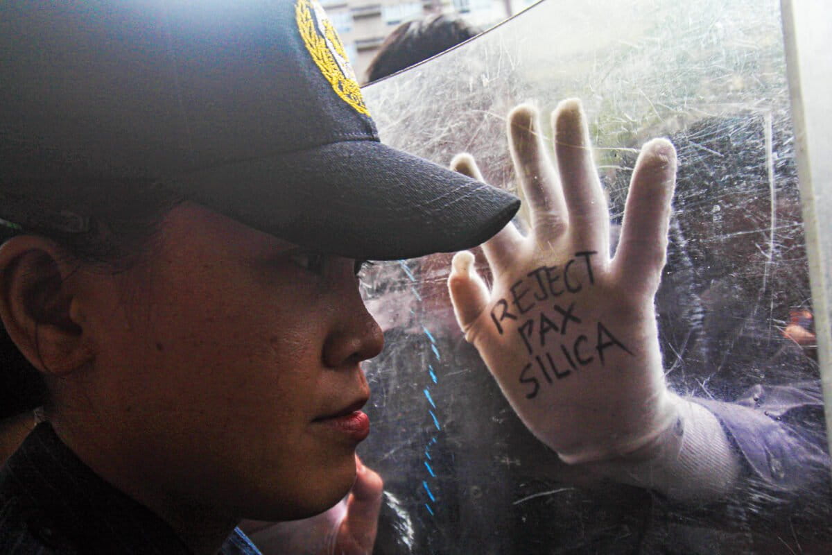 Protesters outside the Grand Hyatt Manila on Sept. 10 called for an end to the Pax Silica pact.
