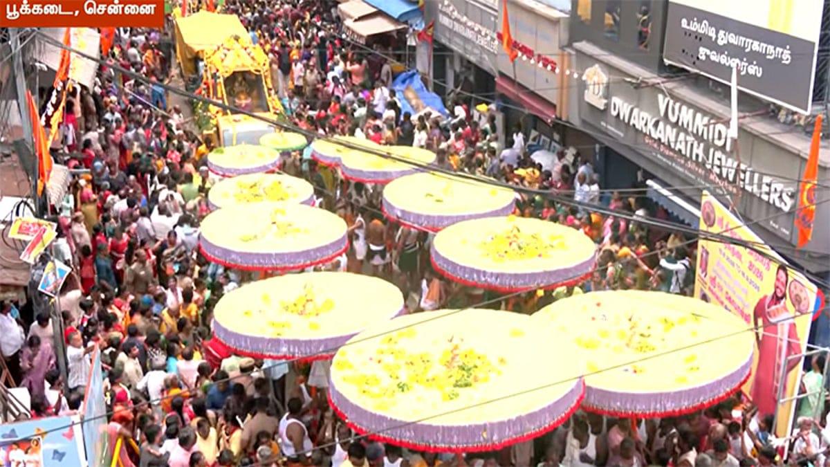 Procession of silk umbrellas leaves for Tirupati from Chennai