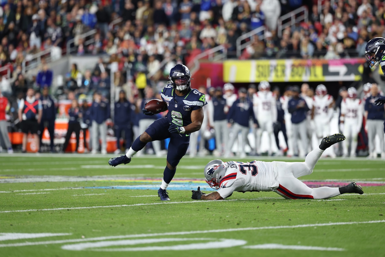 Seattle Seahawks' Kenneth Walker III (9) runs against the New England Patriots in Super Bowl LX at Levi's Stadium in Santa Clara, California, on Feb. 8, 2026. (Photo by Simon Bruty/Sports Illustrated via Getty Images)