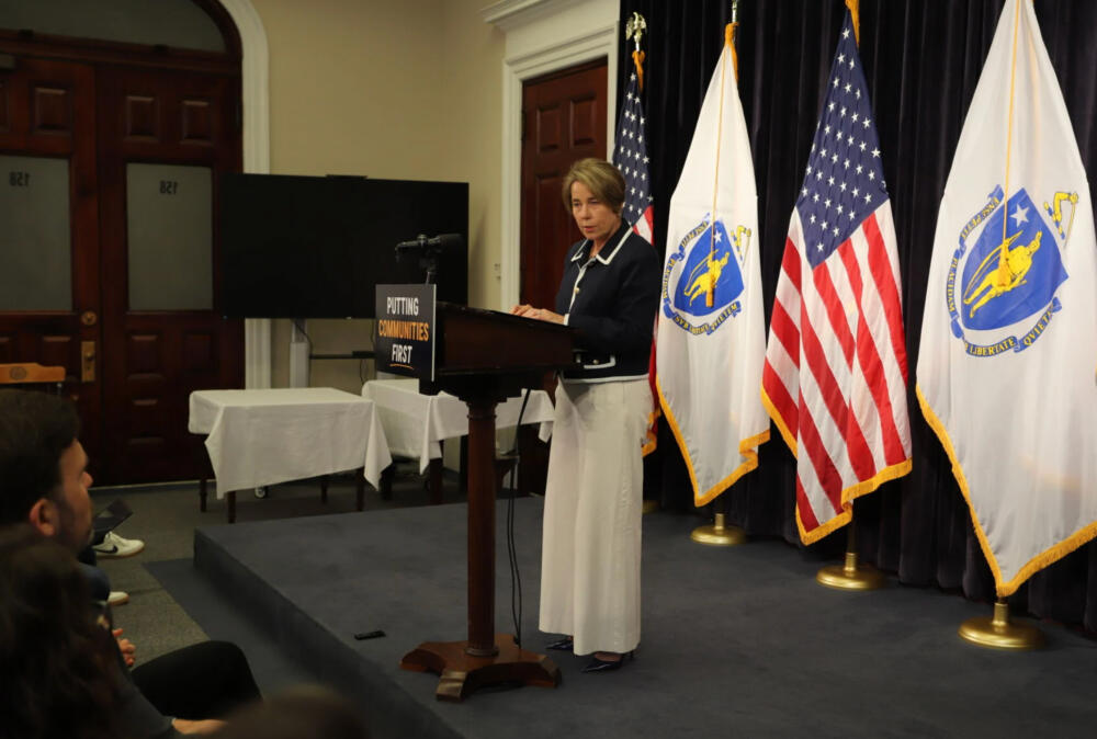 Gov. Maura Healey speaks about an executive order regarding data centers during a press conference on Sept. 8, 2026 at the State House. (Katie Castellani/SHNS)