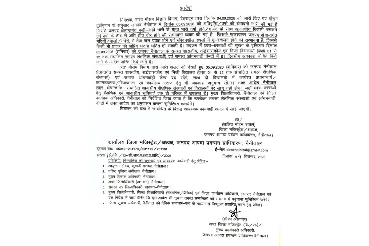 Rain alert for Uttarakhand tomorrow; schools in Nainital district to remain closed