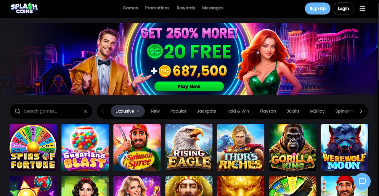 Splash Coins promotions page showing popular social slot games