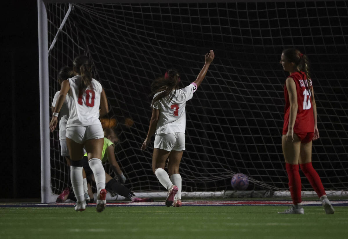Arbor View scores against Coronado during a high school soccer game at Coronado High School on ...