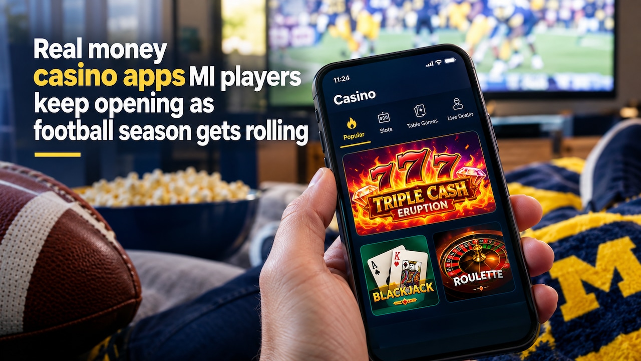 Smartphone showing casino games including slots, blackjack and roulette during a football game.