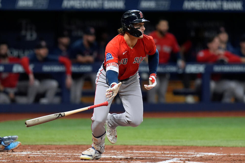 Boston Red Sox's Roman Anthony watches his two-run single off Tampa Bay Rays pitcher Ian Seymour during the second inning of a baseball game Friday, Sept. 18, 2026, in St. Petersburg, Fla. (AP Photo/Chris O'Meara)