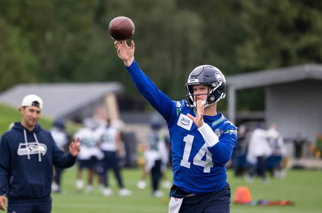 Seahawks quarterback Sam Darnold (14) practices Thursday, Sept. 24, 2026 at the Virginia Mason Athletic Center in Renton, Washington. (Photo courtesy of Rod Mar / Seattle Seahawks)