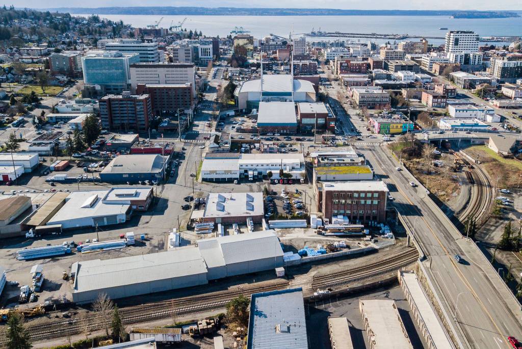 A view of one of the potential locations of the new AquaSox stadium in February 2024 in Everett. The site sits between Hewitt Avenue, Broadway, Pacific Avenue and the railroad. (Olivia Vanni / The Herald)