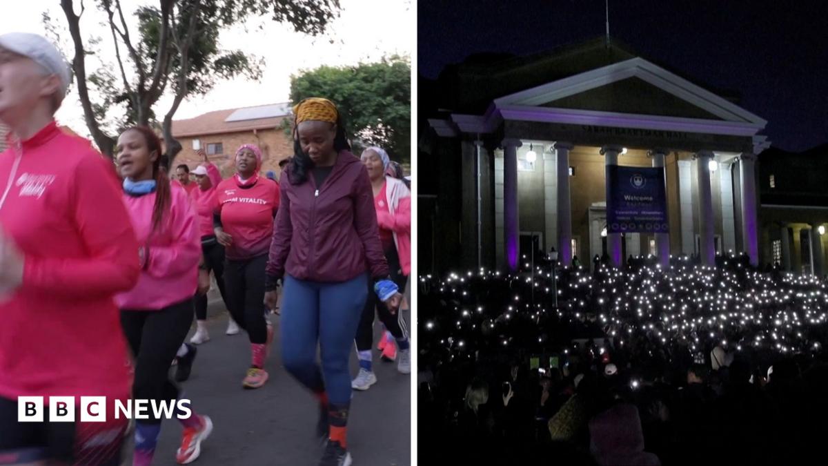 Split-screen showing women in pink running outside, on the left, and hundreds holding lanters at night during vigil on the right