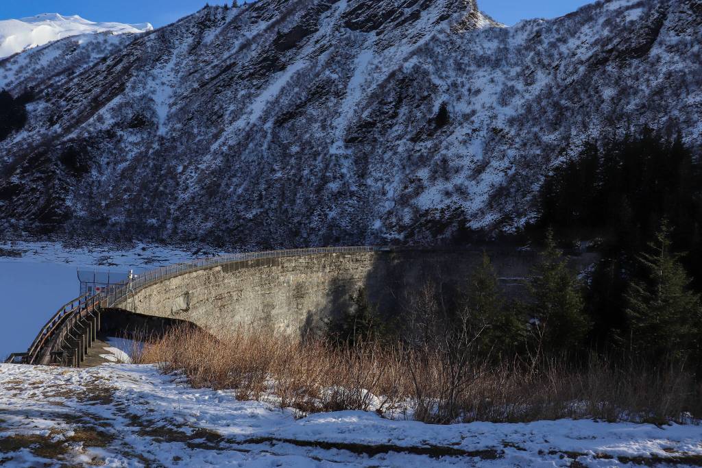The Salmon Creek Dam on March 29, 2025. (Jasz Garrett/Juneau Empire file photo)