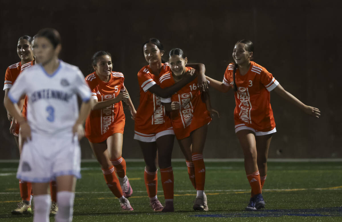 Bishop Gorman celebrates their game-winning goal against Centennial during a soccer game at Bis ...