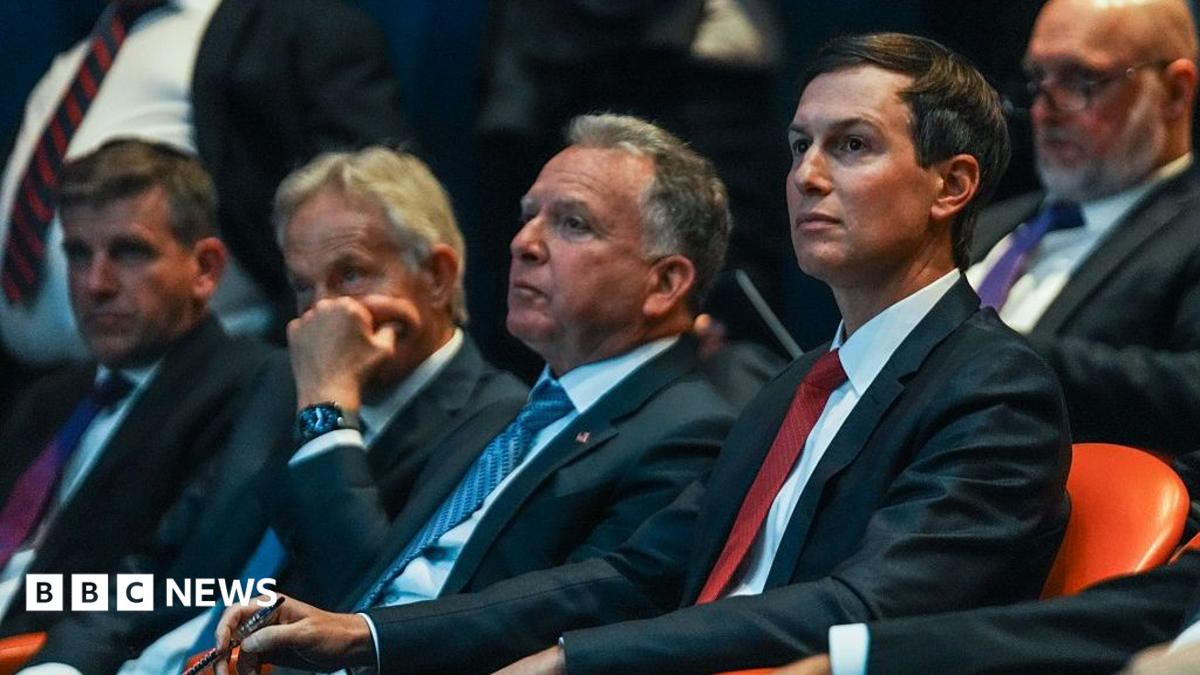 Tony Blair, Steve Witkoff, and Jared Kushner watching a presentation during a Board of Peace briefing