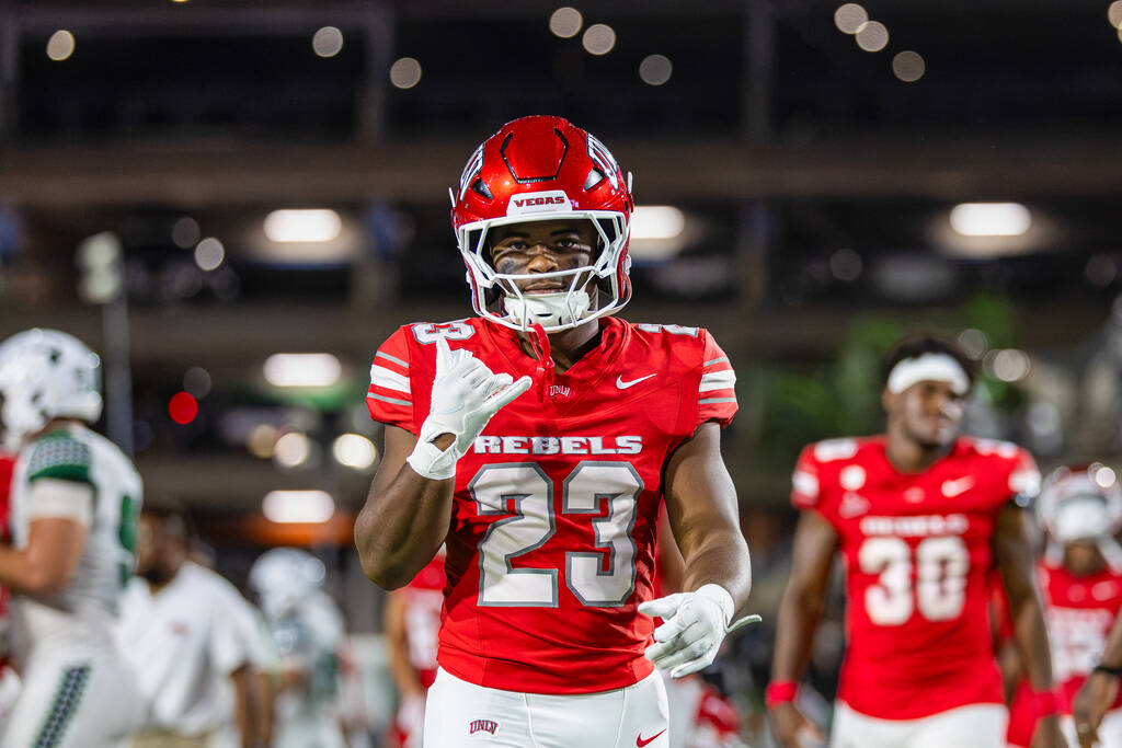 UNLV running back Kamran Williams (23) throws a shaka before leaving the field after the Rebels ...