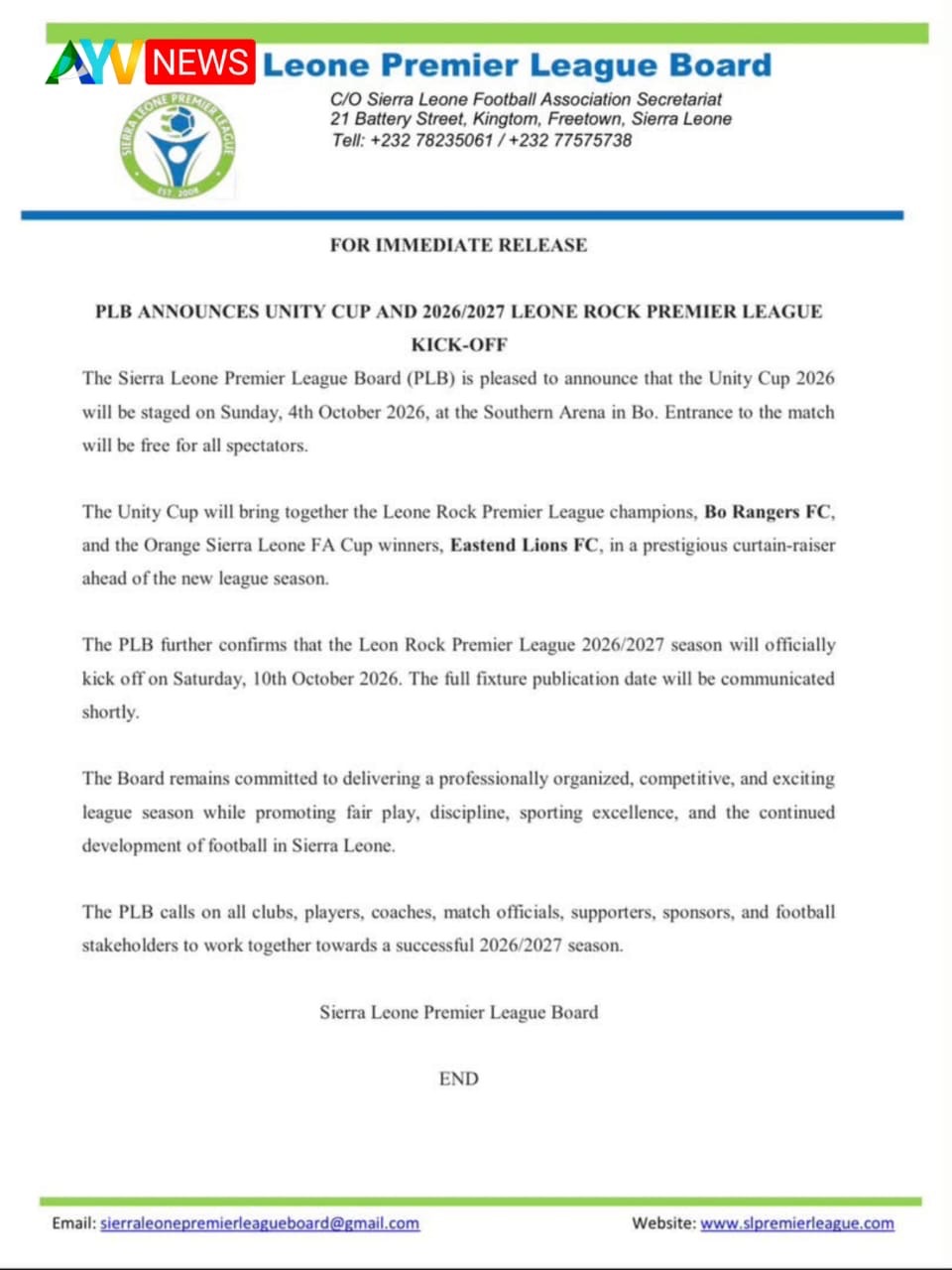 Unity Cup to Open 2026/27 Leone Rock Premier League Season