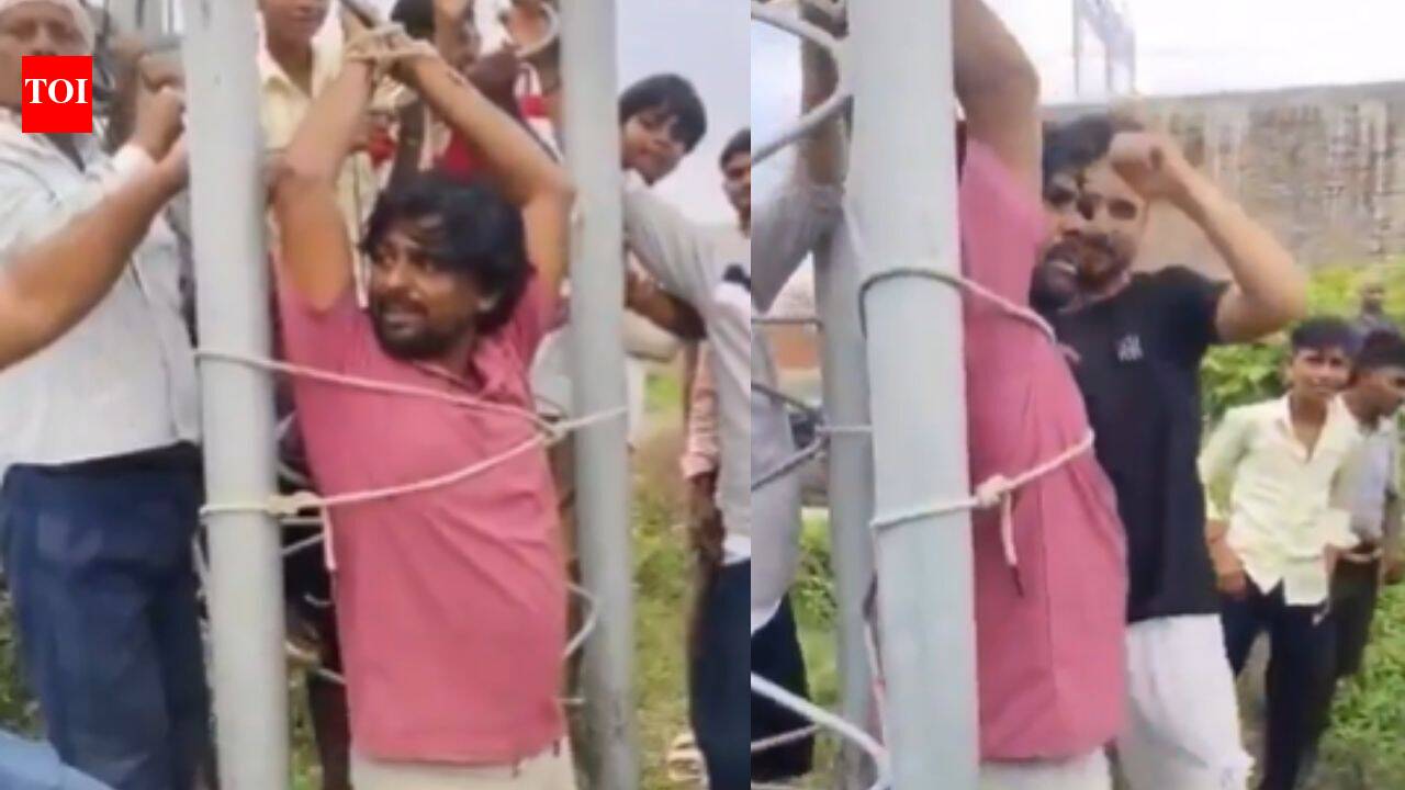 Watch: Fed up over poor network, villagers tie technician with mobile tower | Prayagraj News