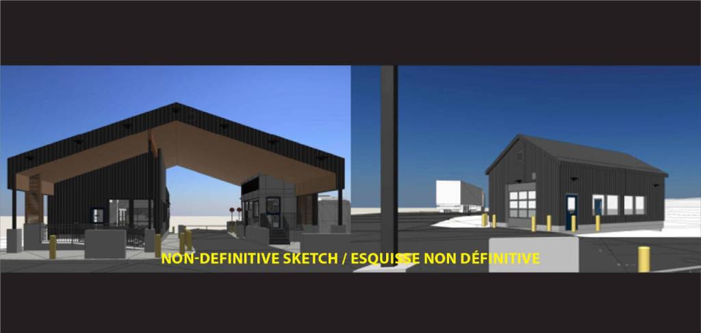 Preliminary architectural renderings show the proposed redesign of the Pleasant Camp port of entry, including a new primary inspection booth and an enclosed secondary garage. (Canada Border Services Agency/Canada.ca)