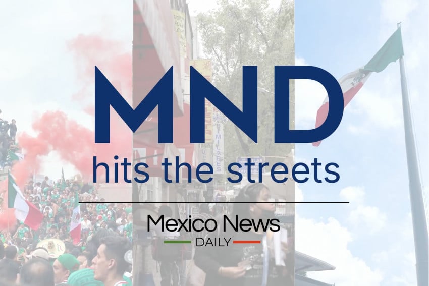 People wave Mexican flags behind text reading