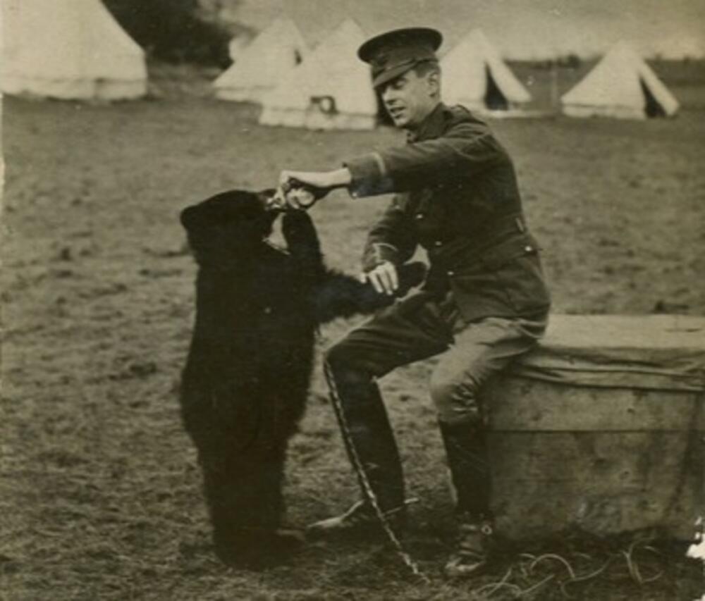 Canadian veterinarian and soldier Harry Colebourn with Winnie the bear cub. (Courtesy of Lindsay Mattick)