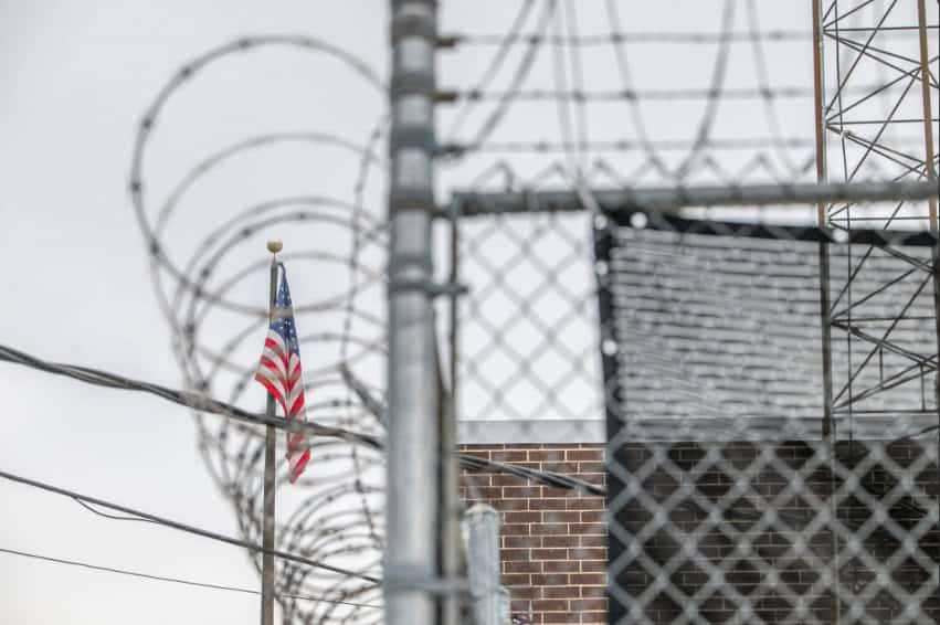 Chainlink fencing surrounds an ICE processing center in Broadview, Illinois.