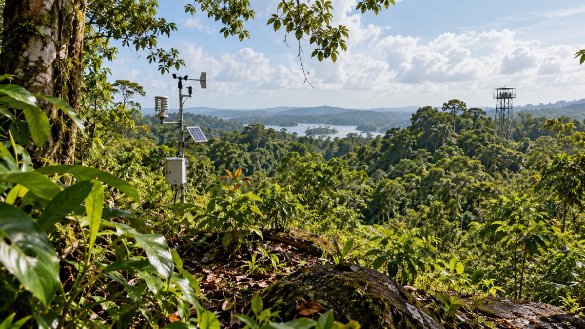 Illustrative AI-generated rainforest science landscape inspired by Barro Colorado Island.