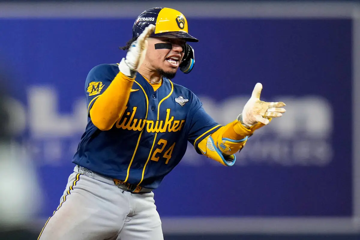 Milwaukee Brewers catcher William Contreras celebrates his RBI double during the sixth inning o ...