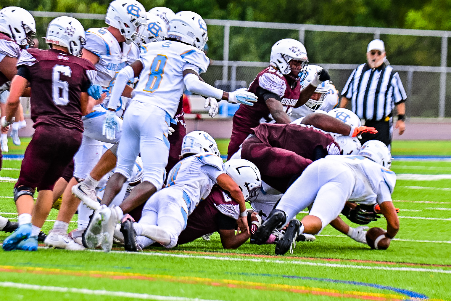 Cape Henlopen senior Jameson Tingle recovers a fumble for the Vikings in their win over Hodgson. Photo Credit: Dave Reeder.