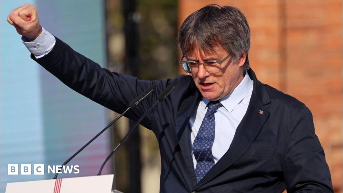 Carles Puigdemont pictured in Barcelona in August 2024. He is a middle aged man with grey-brown hair. He wears large round glasses, a dark blue suit jacket, white shirt and patterned dark blue tie. He is stood in front of a podium at an outdoor rally, and has his right fist raised.