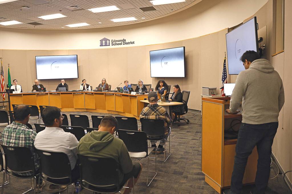 Shashank Vuppala speaks during the public comment portion of the Edmonds school board meeting Tuesday in Lynnwood. (Mike Henneke / The Herald)