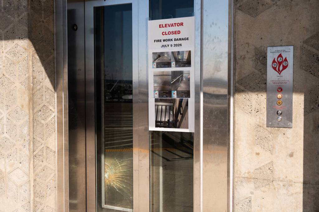 The elevator on the Grand Avenue Bridge in Everett, seen here on July 17, was closed due to vandalism. (Will Geschke / The Herald)