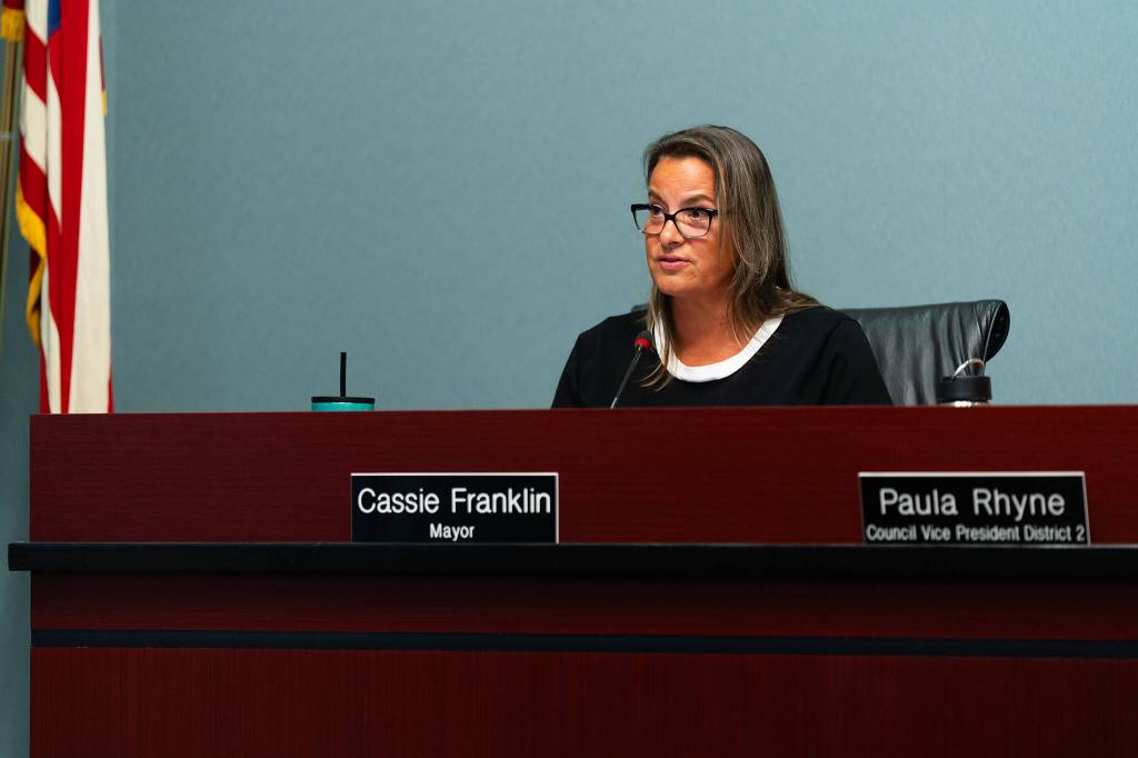 Everett Mayor Cassie Franklin delivers her budget address on Wednesday, Oct. 21, 2026, in Everett, Washington. (Will Geschke / The Herald)