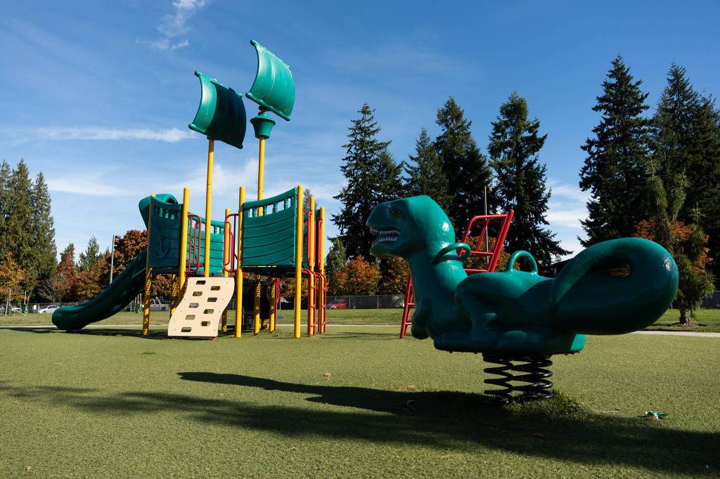 The Walter E. Hall Park playground on Thursday, Oct. 8, 2026, in Everett, Washington. (Will Geschke / The Herald)