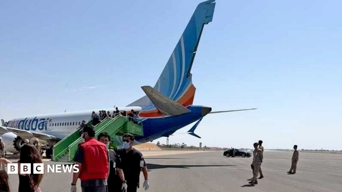 The Flydubai aircraft after its emergency landing appears to show it has sustained damage to its tail fin. Photo: 30 September 2026