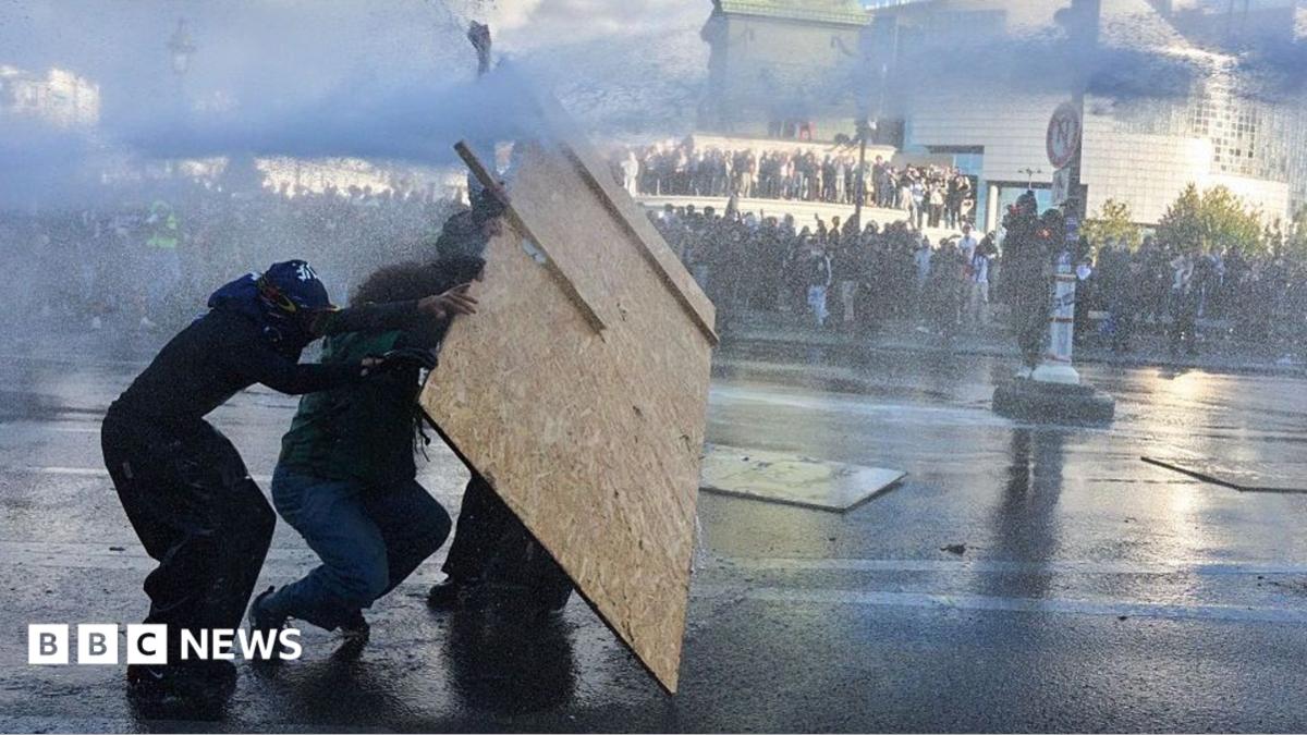 Police use a water cannon against a protester at a demonstration at Bastille by the student protest movement in Paris, France, on October 8, 2026.