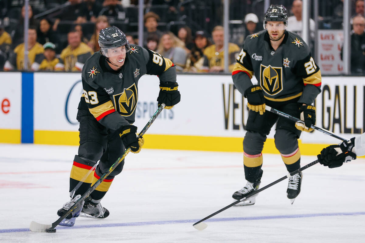 Golden Knights right wing Mitch Marner (93) looks for an open shot during the third period of t ...