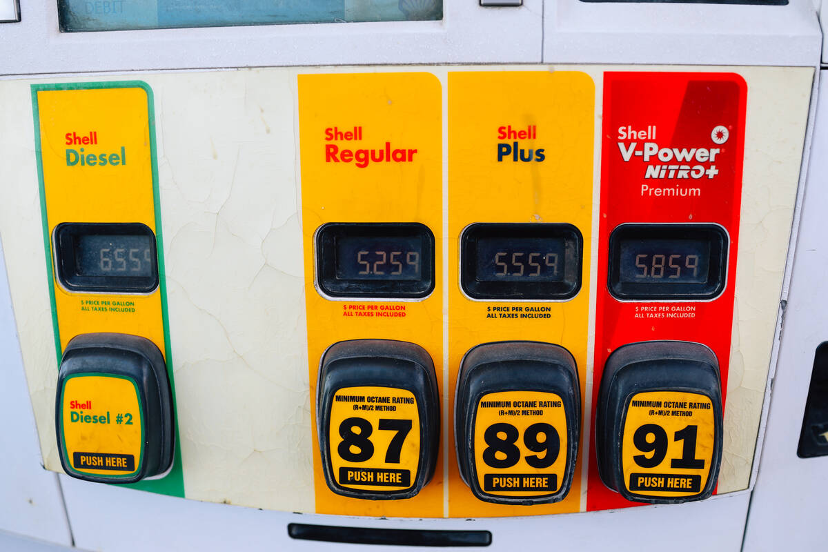 Gas prices are shown at a Shell Gas Station Sunday, April 5, 2026, in Henderson. (Madeline Cart ...