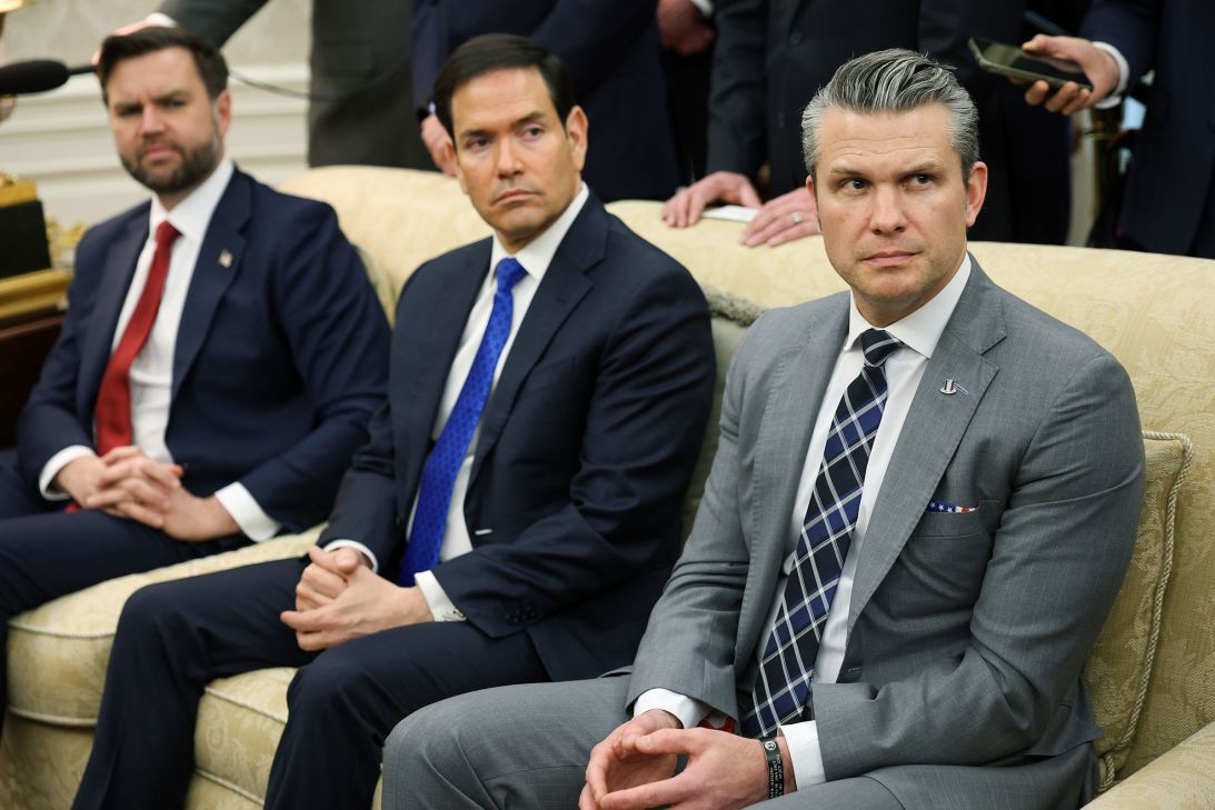 Vice President JD Vance, Secretary of State Marco Rubio and Secretary of Defense Pete Hegseth attend a bilateral meeting with President Donald Trump and German Chancellor Friedrich Merz, in the Oval Office of the White House on March 3.