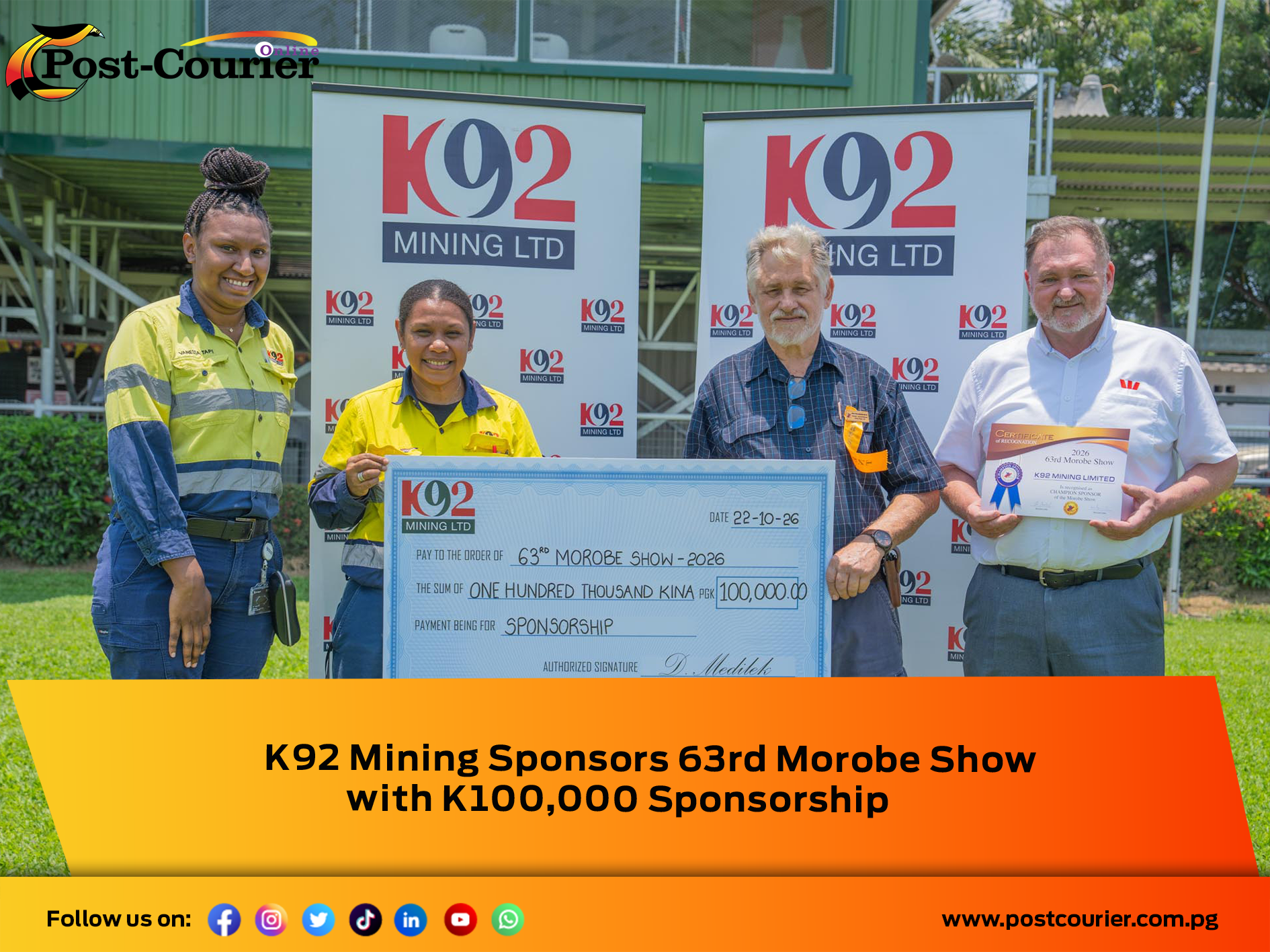 K92 Mining Sponsors 63rd Morobe Show with K100,000 Sponsorship