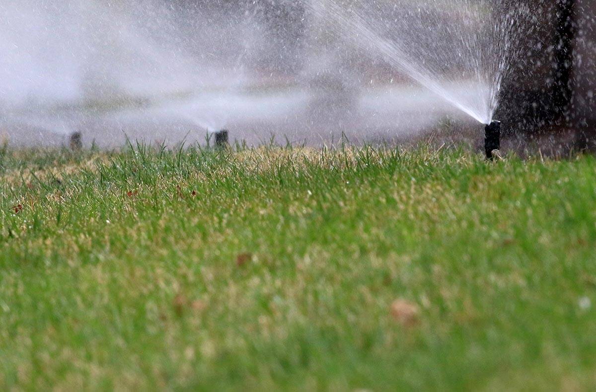 Lawn sprinklers are on to water grass at Green Valley Parkway. (Bizuayehu Tesfaye Las Vegas Rev ...