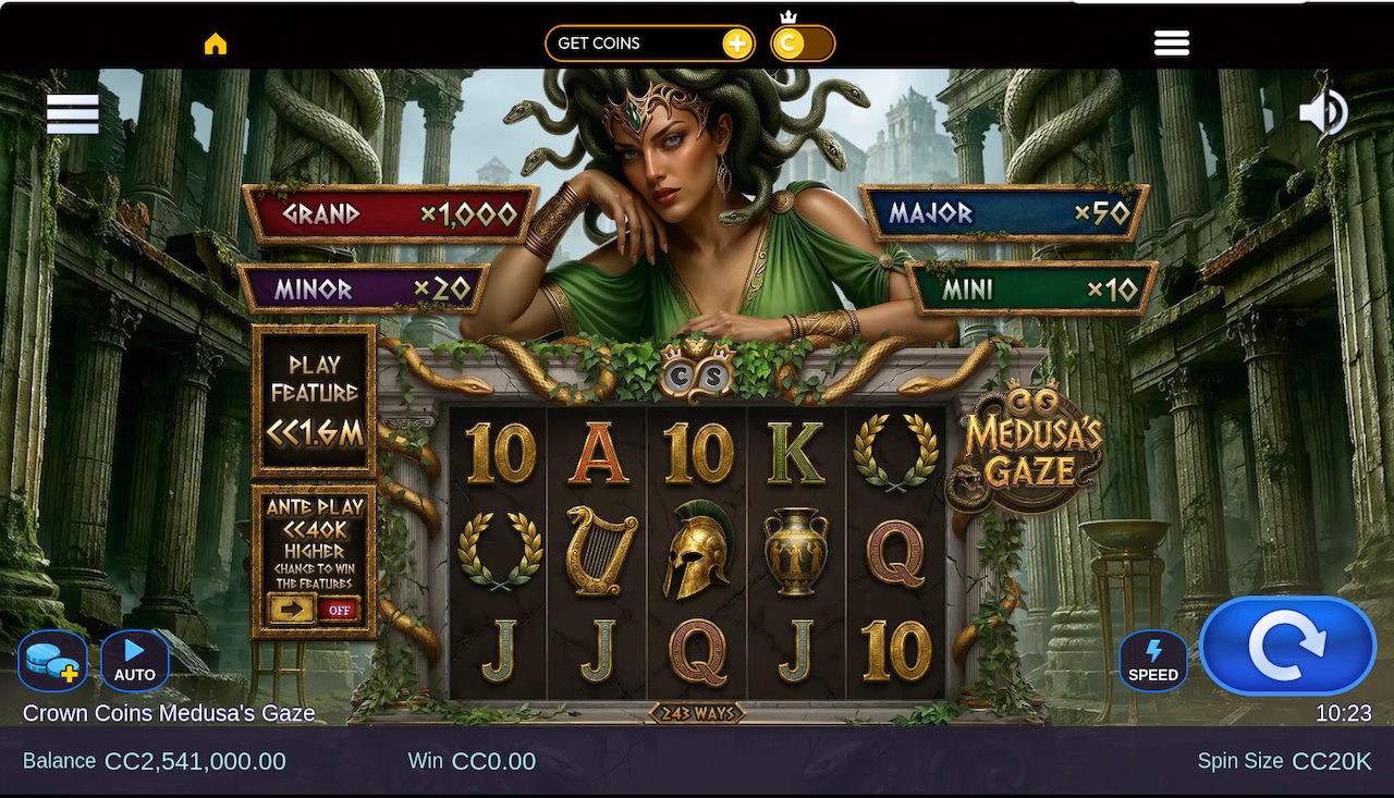 Medusa's Gaze main game screen with four jackpots
