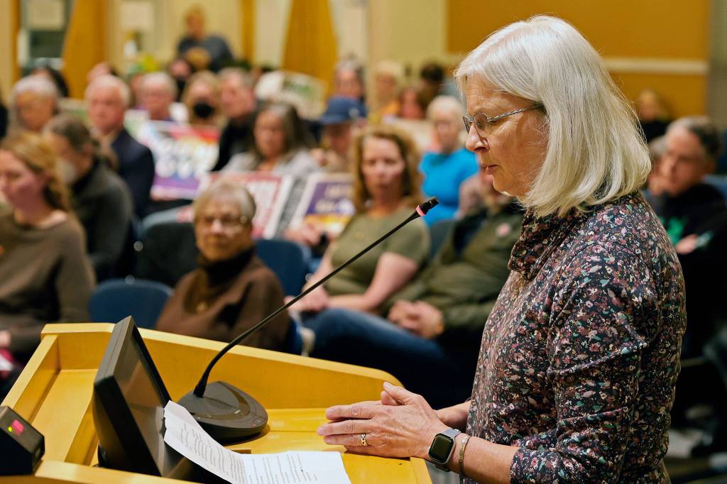 Cheryl Eldridge speaks during a public hearing on ballot initiatives during an Edmonds City Council meeting Tuesday, Oct. 27, 2026, in Edmonds, Washington. (Michael Henneke / The Herald)